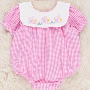 Pink Gingham Baby Romper with Floral Embroidery